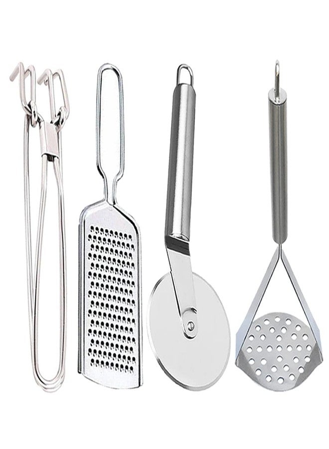 Oc9 Stainless Steel Pakkad/Utility Tong & Cheese Grater/Coconut Grater & Pizza Cutter & Potato Masher/Pav Bhaji Masher for Kitchen Tool Set - Image 1